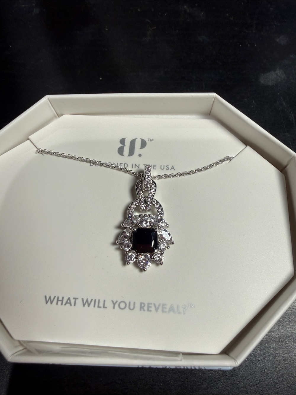 Silver-Tone Necklace with Black Square Center and Clear Accents